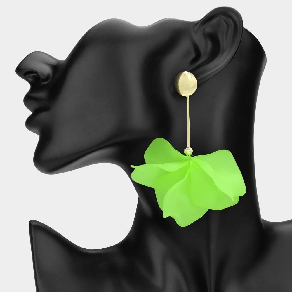 Green Floral Petal Link Dangle Earrings 3.25 Inch Tear Drop Statement Jewelry